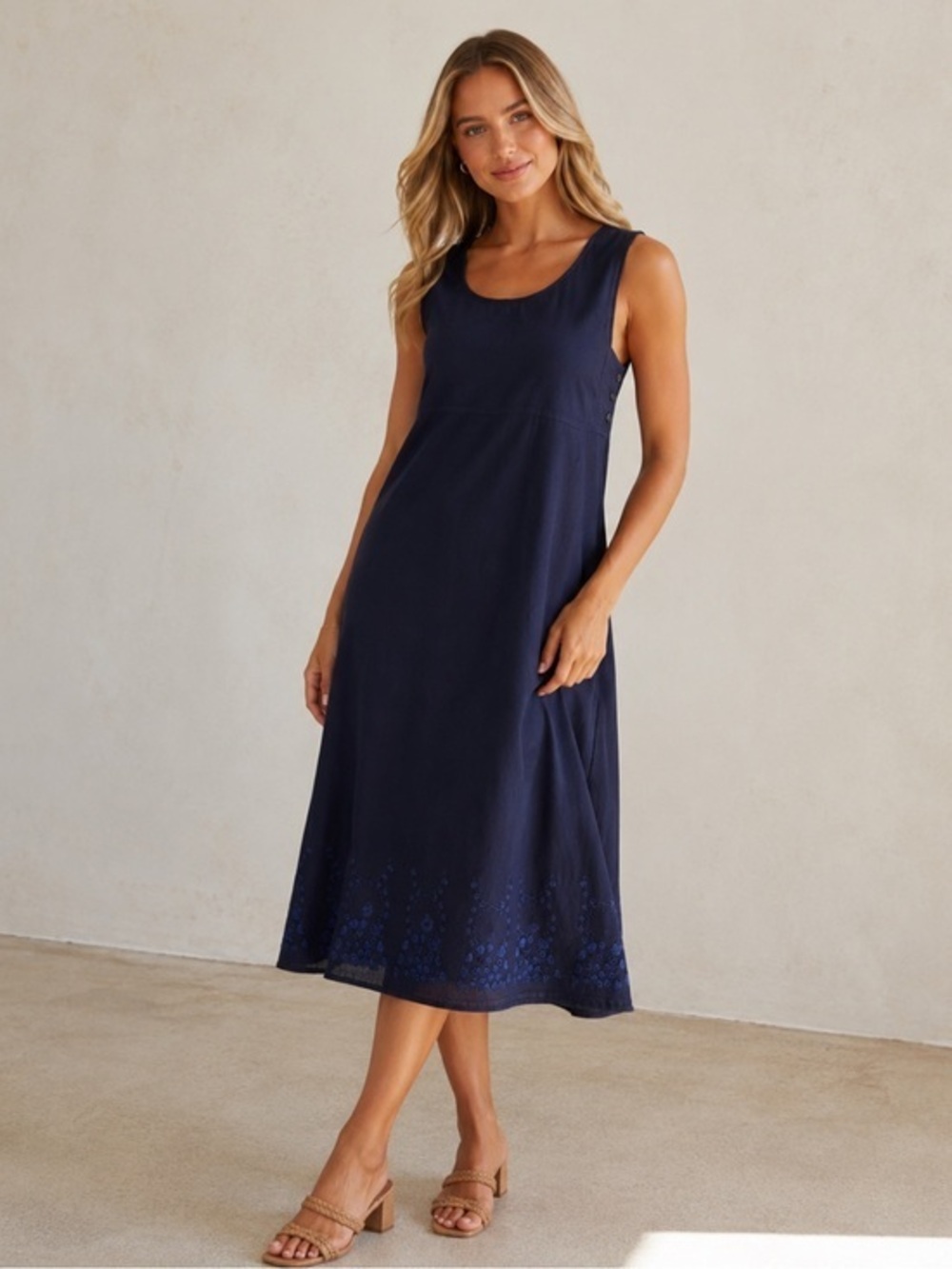 Vintage Mary McFadden navy blue faux suede midi embroidered detail dress